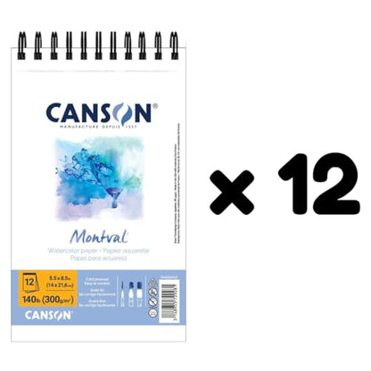 Canson Montval Watercolor Paper, 5.5" x 8.5", White, 12 Sheets/Pad, 12 Pads | Artist Series, Cold Press, 140 lb. (300gsm), Top Wire Bound, Class Pack, 144 Sheets Total - size: 5.5" x 8.5" (12-Pack), style: 5.5" x 8.5" Top Wire