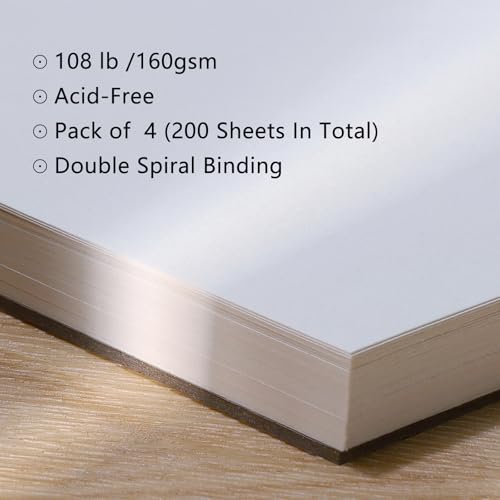 4 Pack Mixed Media Sketchbook, 5.5x8.5 inches Drawing Paper Sketch Book, 98lb/160gsm Heavyweight Spiral Bound Sketch Pads, Suitable for Wet and Dry Media, Drawing, Painting, Sketching(200 Sheets) | 160gsm acid-free paper, for dry and light wet media, lays