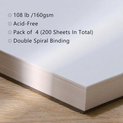 4 Pack Mixed Media Sketchbook, 5.5x8.5 inches Drawing Paper Sketch Book, 98lb/160gsm Heavyweight Spiral Bound Sketch Pads, Suitable for Wet and Dry Media, Drawing, Painting, Sketching(200 Sheets) | 160gsm acid-free paper, for dry and light wet media, lays