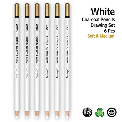 6 Pcs White Charcoal Pencils Drawing Set, Professional Smooth Soft & Medium Sketching Pencil Art Supplies for Drawing, Highlighting, Sketching, Blending