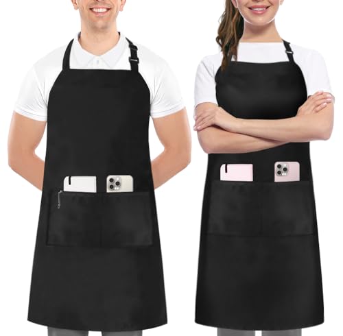 Utopia Kitchen 2 Pack Bib Apron, Adjustable with 2 Pockets, Water and Oil Resistant, Cooking Kitchen Chef Apron for Women Men - color: Black