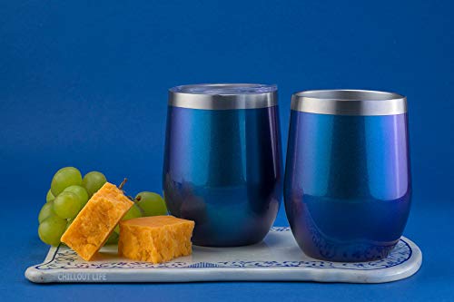 CHILLOUT LIFE 12 oz Stainless Steel Wine Tumbler with Lid - Double Wall Vacuum Insulated Wine Cup Glass Keeping Cold & Hot for Coffee, Champagne, Cocktails, Ice Cream - Blue Sparkle - color: Blue Sparkle, style: 1 Pack