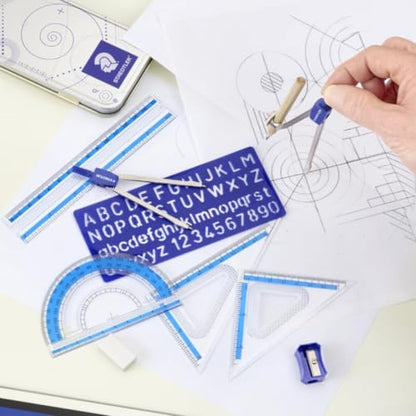 STAEDTLER 10-Piece Math Set with Metal Compass, 6" Ruler & Triangle Squares, 45° & 30/60° Set Squares, Alphabet Stencil - Measuring Tools (12 Pack)