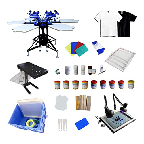 Tianiuseen 6 Color 6 Station Screen Printing Kit Screen Printer Silk Printing Press Equipment Material Screen Printing Flash Dryer for T-Shirt DIY