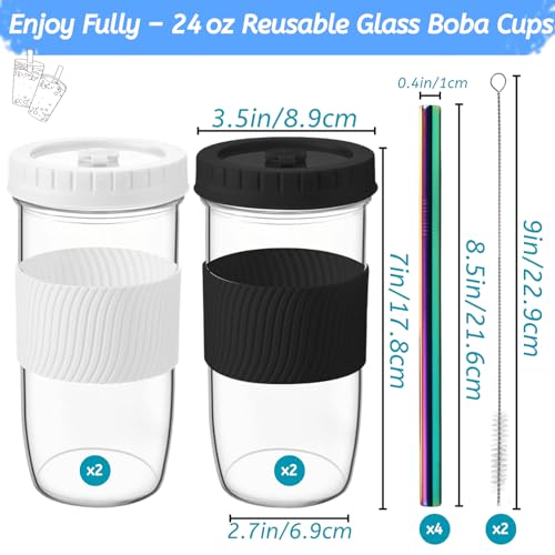 Youeon 4 Pack 24 Oz Reusable Boba Cups with Lids and Straw, Iced Coffee & Smoothie Cups, Bubble Tea & Mason Jar Style with Silicone Sleeve, BPA Free, Dishwasher Safe, 2 Colors