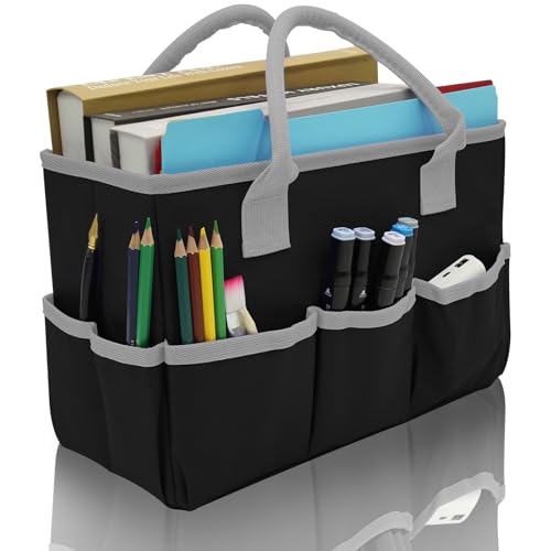 Cupohus Art Organizer Craft Storage Tote Bag with Pockets and Hadles, Oxford Fabric Carrying Caddy for Teacher, Officer, Artist, Students, Traveler, and more – Black with Grey Edge - color: Grey