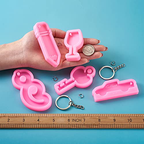 Craftdady 8pcs Keychain Pendant Silicone Molds Pencil Dolphin Lip Castle Key Charm Resin Casting Molds with Key Rings Jump Rings for Keychain Jewelry Craft Making - color: Pink Mixed Keychain Mold