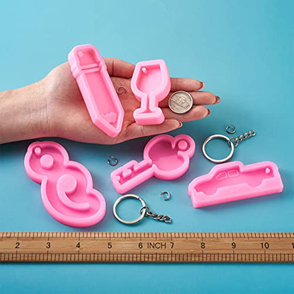 Craftdady 8pcs Keychain Pendant Silicone Molds Pencil Dolphin Lip Castle Key Charm Resin Casting Molds with Key Rings Jump Rings for Keychain Jewelry Craft Making - color: Pink Mixed Keychain Mold