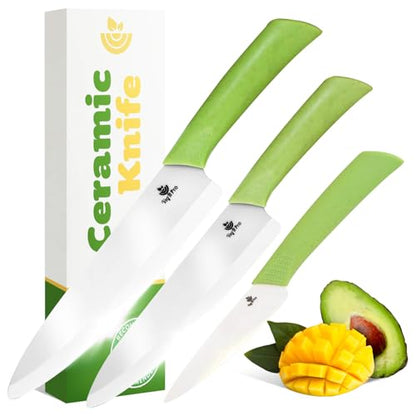 Ceramic Knife Set with Ergonomic Handle, Non-Reactive and Professional Chopping Knife Featuring Sharp, Santoku Blades for Cutting Vegetables & Fruits, Ceramic Kitchen Knives Set of 3 - 6”, 4”, 8” - style: 4, 6, 8 inch