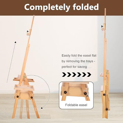 Large Wooden H-Frame Studio Easel with Storage Drawer and Palettes, Solid Beechwood Painting Easel for Students, Beginners, and Artists, Hold Canvas to 36Inches High - style: Side Trays Natural