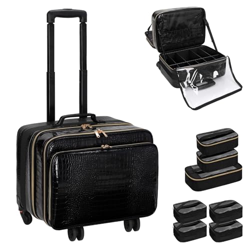 OCHEAL Rolling Makeup Train Case,with 7 Pcs Clear Makeup Bags, 18" Carry On Travel Cosmetic Organizer Suitcase,Extra Large Storage Trolley Makeup Case On Wheels for Hairstylist Cosmetology Artist - color: Black-with 7 Pcs Small Bags