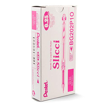 Pentel Arts Slicci 0.25 mm Extra Fine Gel Pen, Pink Ink, Box of 12 (BG202-P1) - color: Pink, size: 12 Count (Pack of 1), style: 0.25mm