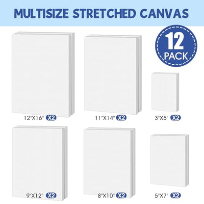 FUMILE Stretched Canvas for Painting, Blank Canvases for Painting Multi 12 Pack 3x5, 5x7, 8x10, 9x12, 11x14, 12x16 (2 of Each), Primed Acid Free Painting Canvas for Beginners & Artists. - size: 3x5,5x7,8x10,9x12,11x14,12x16