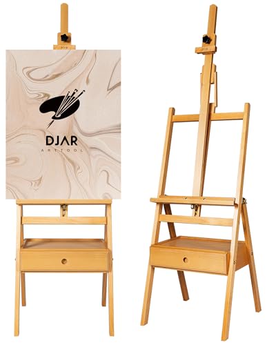 DJAR Solid Beech Wood H-Frame Art Easel with Storage Drawer, Natural | Artist Painting Stand for Adults, Holds Canvas up to 36", Main Mast Adjustable to 75", Great for Home Studios & Classroom