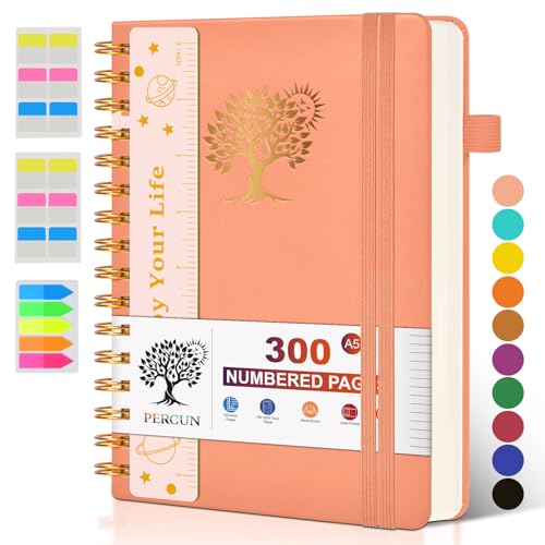 PERCUN Spiral Notebook 300 Numbered Lined Pages Hardcover Journal 5.9"x8.5" | College Ruled Spiral Bound Notebook with Tabs, A5 Leather Journal for Women Men, Work, School, Travel, Writing & Note Taking - color: Pink, size: A5 size (5.9in x 8.5in)