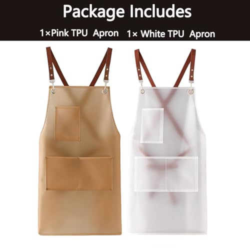 2 Pack Waterproof Translucent Apron with Large Pockets,Cross Back Apron Cooking Apron for Dishwashing,Cleaning Fish, - color: White&brown