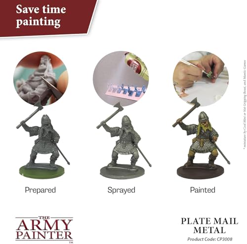 The Army Painter Colour Primer Plate Mail Metal, 400 mL Acrylic Spray Primer, Spray Paint Basecoat for Miniature Priming, Tabletop Roleplaying, Boardgames, and Wargames Miniature Modelling - color: Plate Mail