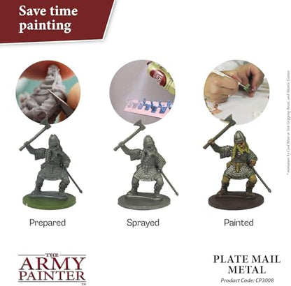 The Army Painter Colour Primer Plate Mail Metal, 400 mL Acrylic Spray Primer, Spray Paint Basecoat for Miniature Priming, Tabletop Roleplaying, Boardgames, and Wargames Miniature Modelling - color: Plate Mail