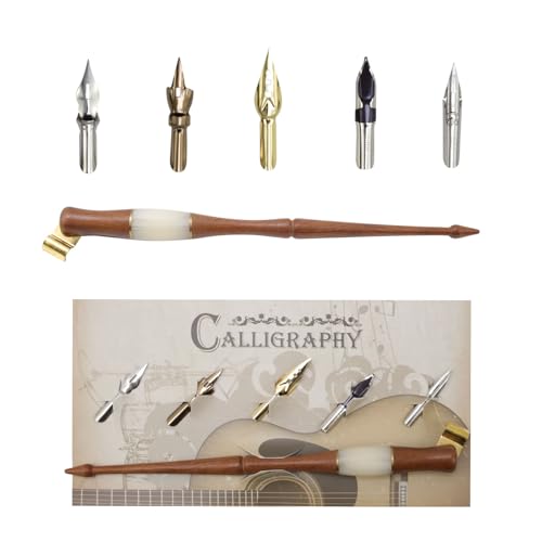Wood Calligraphy Oblique Dip Pen Holder Set, Removable Nib Pen Handle with 5 Nibs for English Calligraphy Drawing Comic, Brown - color: Brown