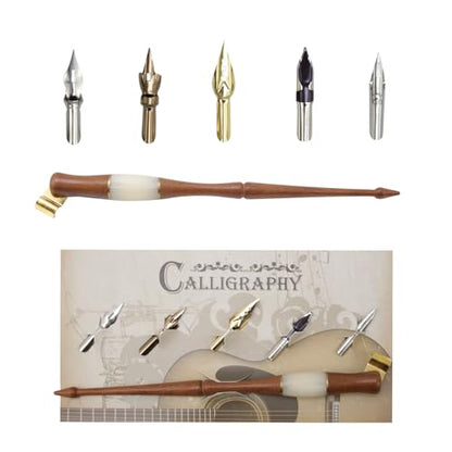 Wood Calligraphy Oblique Dip Pen Holder Set, Removable Nib Pen Handle with 5 Nibs for English Calligraphy Drawing Comic, Brown - color: Brown