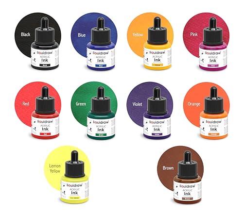 Liquidraw Acrylic Drawing Ink - 10 x 1.18 fl oz (35 ml) Bottles with Ink Dropper | Suitable for Painting, Art Drawing & Design | Great for Professionals, Artists, Students & Hobbyists | Craft Gift