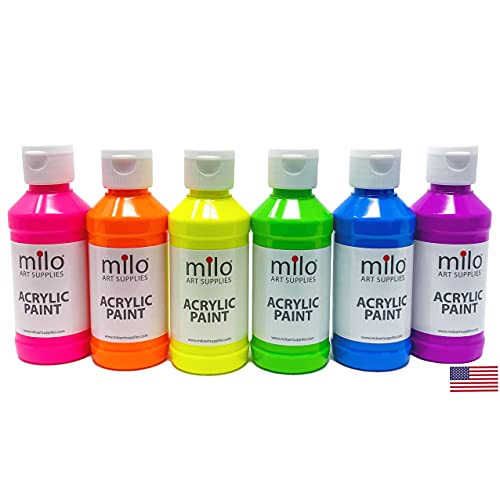 milo Fluorescent Acrylic Paint Set of 6 Colors | 4 oz Bottles | Student Neon Colors Acrylics Painting Pack | Made in the USA | Non-Toxic Art & Craft Paints for Artists, Kids, & Hobby Painters - style: Fluorescent Set 6 x 4 oz