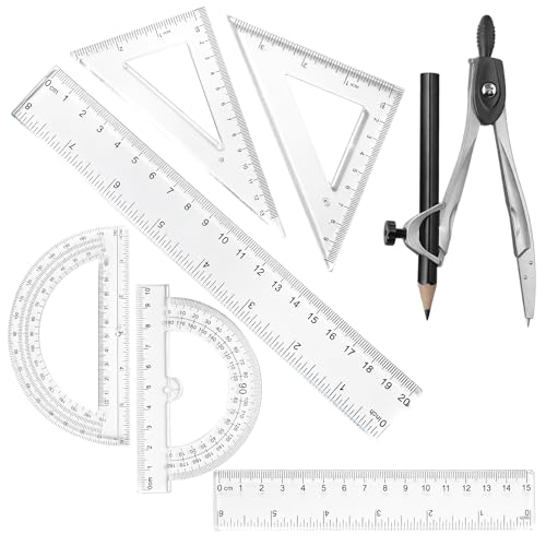 1 Set Plastic Geometry Math Set, Measuring Tool Includes Clear Ruler 12 Inch 6 Inch 6 and 3.8 Inches Protractor 45/60 Degree Triangle Rulers Compass for Office Drawing Drafting Engineering