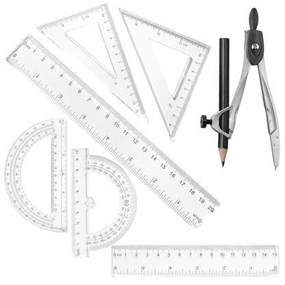 1 Set Plastic Geometry Math Set, Measuring Tool Includes Clear Ruler 12 Inch 6 Inch 6 and 3.8 Inches Protractor 45/60 Degree Triangle Rulers Compass for Office Drawing Drafting Engineering