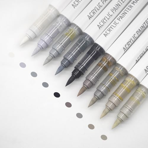 Water Based Acrylic Paint Markers, 9 Colors Acrylic Paint Pens Set with Soft Brush Tip, Marker Pen for Rock Painting, Egg, Wood, Glass, Paper, Mugs, Acrylic Painter Ink (Gray Brown Series) - color: Gray Brown Series