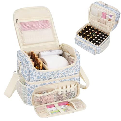 CUBETASTIC Nail Polish Organizer & Storage Bag for 48 Bottles & Full-Size Lamp, Double-Layer Travel Case Box for Nail Supplies, Manicure Kit & Pedicure Tools (Blue Floral, 48 Slots) - color: Blue Floral