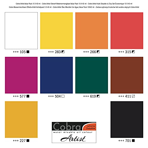 Cobra Artist Value Pack 10 X 40 ml (21820510) | Water-Mixable Oil Paint with High Pigmentation, High Lightfastness, No Harmful Solvents, Professional-Grade - size: 10x40ml
