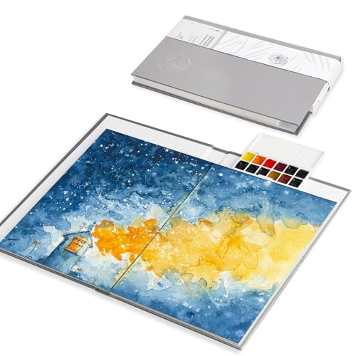 Paul Rubens Travel Watercolor Sketchbook, 24 Sheet 140lb/300gsm 100% Cotton Acid-Free Hot Press Watercolor Journal with Glitter Effect (7.67"x5.31"), with 12-Color Travel-Size Artist Grade Water color - size: 7.67 x 5.31 in