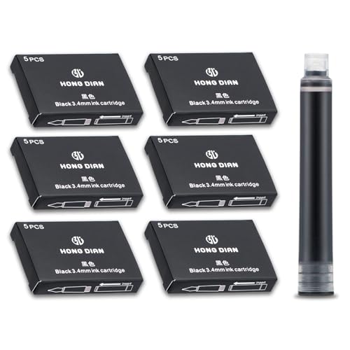 Asvine Fountain Pen Ink Cartridges Black Color, Set of 30 Refill Ink Cartridges, 3.4 mm Bore Diameter - color: Black