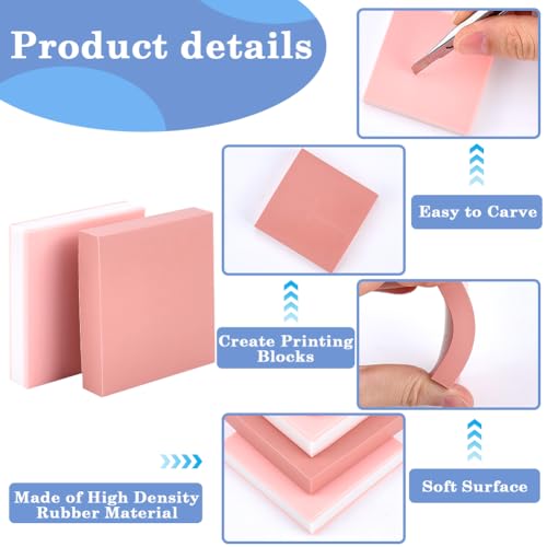 CRASPIRE 8Pcs 4 Styles Pink Rubber Carving Blocks Round Square Linoleum Blocks for Printmaking Stamp Soft Rubber Crafts DIY Crafting Scrapbook Beginners Professional