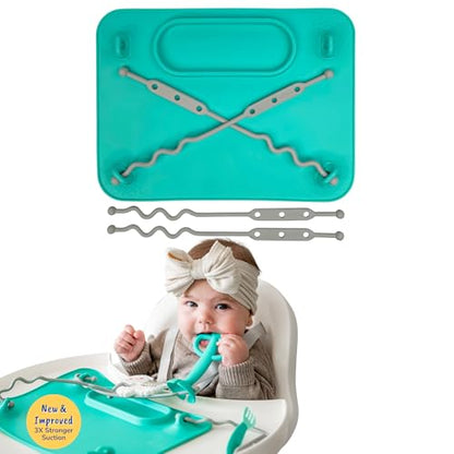 BUSY BABY Silicone Mat - NEW and Improved Suction Cups, 4 Straps to Secure Baby Essentials, Self Feeding, Baby Led Weaning, Travel Sleeve Included (Spearmint) - color: Spearmint