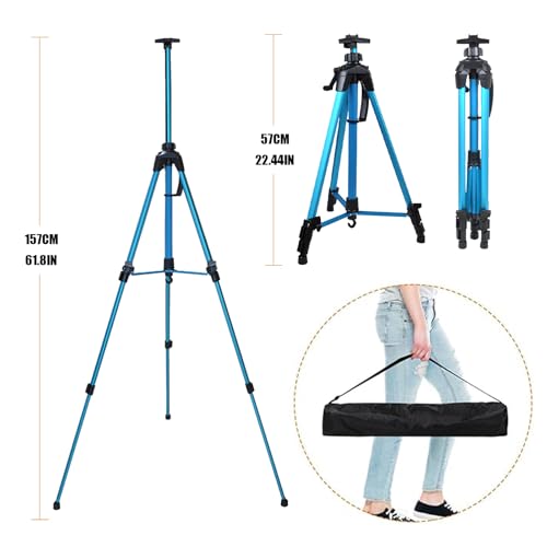 Easel for Painting, Portable & Foldable Easels Stand, Height-Adjustable 22'' to 62'', Equipped with Tray, Water Bucket Hook, Spirit Level, Compass & Carrying Bag for Art Display,Travel - Blue - style: Blue