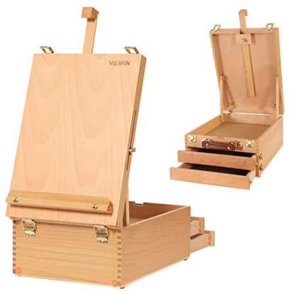 VISWIN Large Tabletop Easel Box with 3 Storage Drawers, Adjustable Portable Beech Wood Desktop Easel for Painting, Drawing, Plein-Air Art Sketchbox for Adults, Artists, Beginners, Hold Canvas to 25"