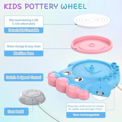 Aujazyble Pottery Wheel for Kids, Complete Pottery DIY Art & Craft Kit Toy, Arts and Crafts for Kids Ages 8-12, Girls Boy Toys Birthday Halloween Christmas Gift for Kid Ages 6 7 8 9 10 11 12+, Blue - color: blue