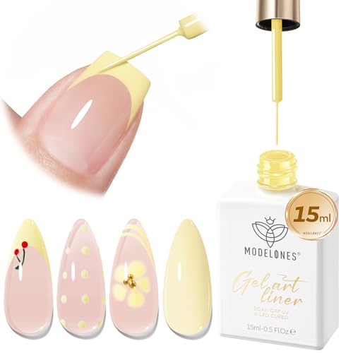 modelones Yellow French Tip Liner Gel Polish, 15 ML Butter Light Yellow Pastel Color Nail Art Paint Swirl with Fine Line Brush Soak Off U V DIY Home Salon Professional Manicure Design Gift for Women - color: Yellow Liner