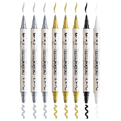 TRANSON 3 Gold, 3 Silver, 1 Black and 1 White Paint Markers Brush and Bold Dual-tip Acrylic Paint Marker Set for Rock Painting Glass Canvas Wood Leather Ceramic Painting - style: Bold and Brush 3 Gold 3 Silver 1 Black and 1 White