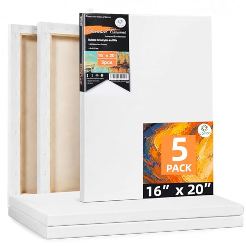 Conda Stretched Canvas for Painting 16x20 Inch, 5Pack Primed Large Canvas for Painting, Acid-Free Cotton 5/8 Blank Canvases, Value Bulk Pack for Acrylic Paint,Watercolor, Oil Paint - size: 5Pack,16"x20"
