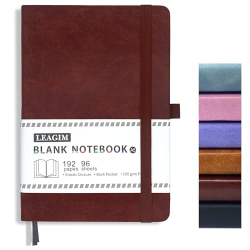 Blank Journal Notebook, A5, 192 Pages 100 GSM Thick Sketch Book for Women Men, Hardcover Leather Unlined Journaling for Work, Notebooks for Writing, 5.8 inches x 8.5 inches (Burgundy) - color: Burgundy, style: a-Blank