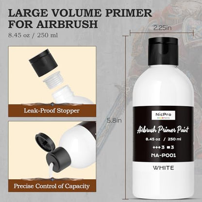 Nicpro White Surface Primer Airbrush Paint (8.4oz, 250 ml), Matte Finish, Ready To Spray Air Brush Water-Based Acrylic Primer for Beginners & Artists Priming Plastic Models, Miniatures, Figures, Craft - color: White, size: 8.45 Fl Oz (Pack of 1)