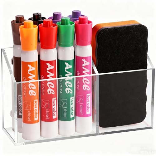 Ameceres Magnetic Pen Holder Classroom Organization Acrylic Marker Holder for Whiteboard Refrigerator Locker Accessories Pencil Dry Erase Marker Basket (2 Compartments * 1) - size: 2 Compartments * 1