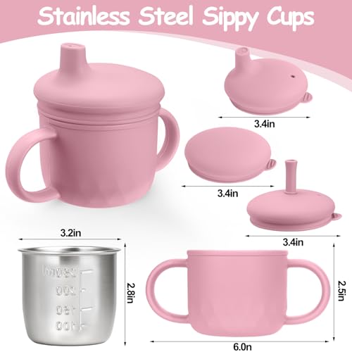 Mity rain 3-In-1 Stainless Steel Sippy Cup for 6+ Month Old, Baby Straw Cups for Toddlers 1-3 with Travel Lid, Silicone Straw, Replacement Straw & Cleaning Brush - 8oz Toddler Cups Spill Proof Set - color: Pink