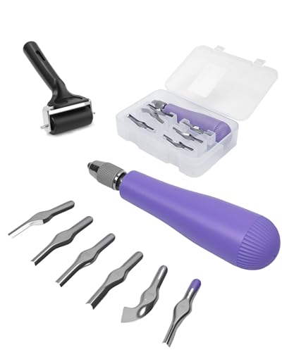 UCEC Linocut Carving Tools Linoleum Cutter for Block Printing Supplies Linocut Tools for DIY Sculpture Carving tools & Beginners 6 Blades Universal Size Purple With A Brayer Roller(2.4 Inch) - color: 2pcs(linoleum Knife+2.4 Inch Brayer Roller)