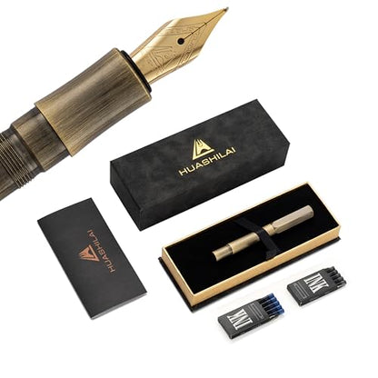 Luxury Solid Brass Fountain Pen Set for Writing & Calligraphy - Choose Antique or Matte Black Finish. Includes 10 Ink Cartridges & Premium Gift Box (Fine Nib, Antique Brass) - color: Antique Brass, style: Fine Nib