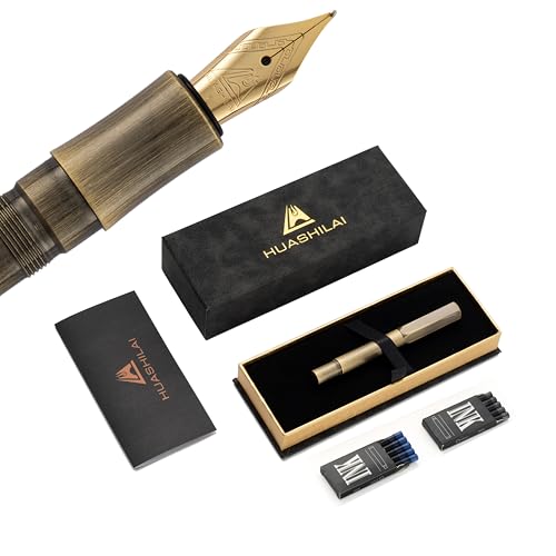 Luxury Solid Brass Fountain Pen Set for Writing & Calligraphy - Choose Antique or Matte Black Finish. Includes 10 Ink Cartridges & Premium Gift Box (Fine Nib, Antique Brass) - color: Antique Brass, style: Fine Nib