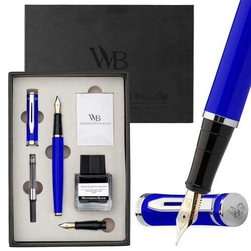Wordsworth & Black Fountain Pen Set,18K Gilded Medium and Extra Fine Nib,25ML Black Ink Bottle,6 Ink Cartridges,Refill Converter,Gift Box,Smooth Writing Pens [Blue Chrome],Gift Set for Men and Women - color: Blue Chrome