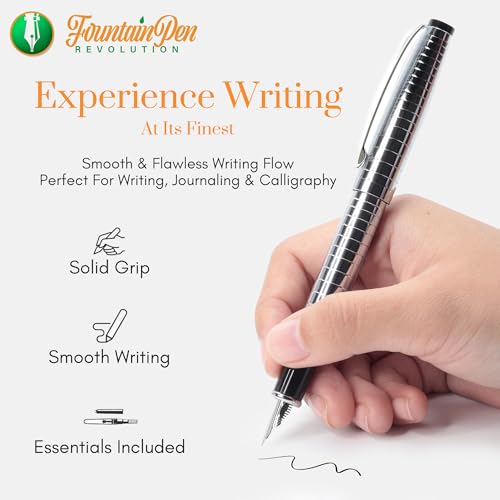 FPR Ambassador Ultra Flex Nib Fountain Pen Set, Chiseled Chrome - Refillable Pen w/Cartridges & Converter - Calligraphy Pens for Writing, Journaling & Gifting - Luxury Pens For Smooth Strokes - color: Chiseled Chrome